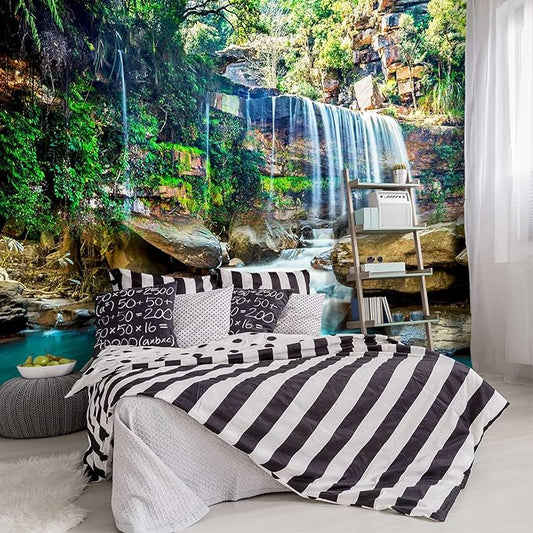 '-Green Lake Waterfall Scenery Fabric Wallpaper Living Room Woodland Forest Mountain Bedroom Bathroom Wall Mural- 91"x65"（ not Peel and Stick）