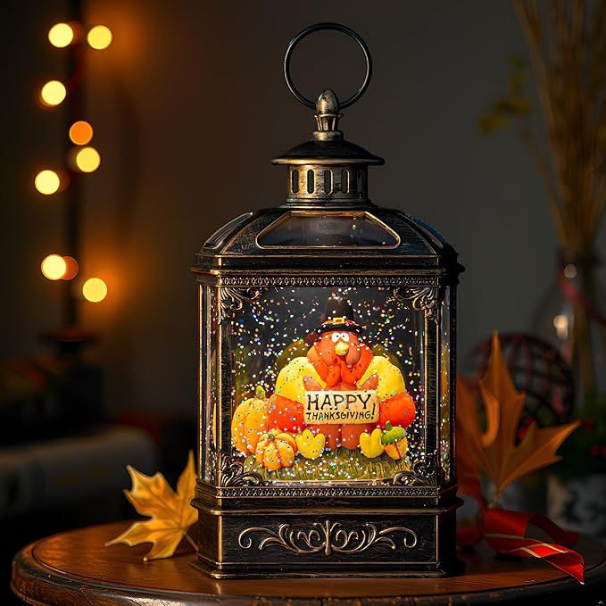Fall Snow Globe Lantern -Thanksgiving Turkey with Pumpkins Spinning Water Lantern with Swirling Glitter Fall Decorations for Home, Thanksgiving, Autumn Harvest Fall Decor