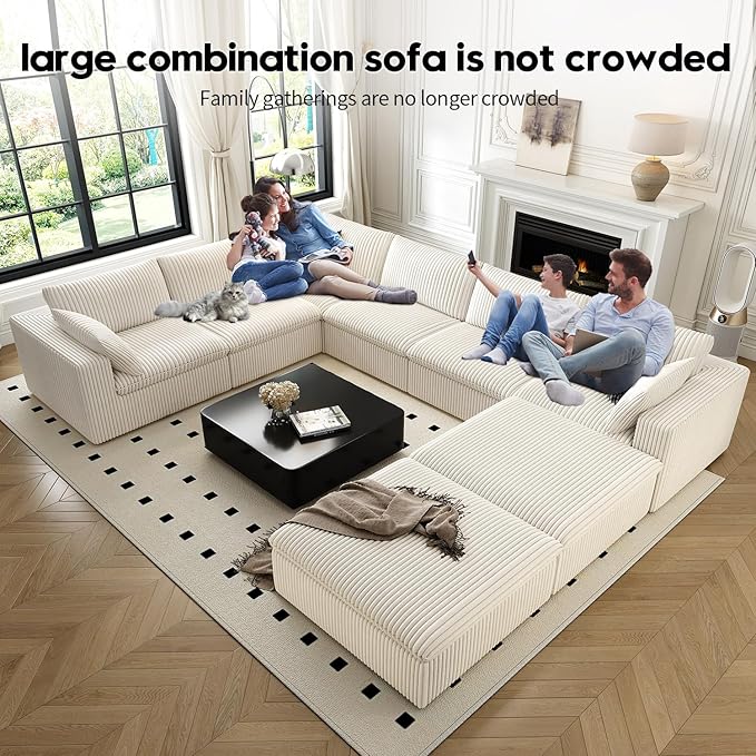 157.5" Cloud Couch Oversized Modular Sectional Sofa for Living Room,Modern Sofa with Deep Seat，8 Seater Boneless Couch with 2 Ottoman,Comfy Upholstered Couches for Apartment, Studio, Office,White