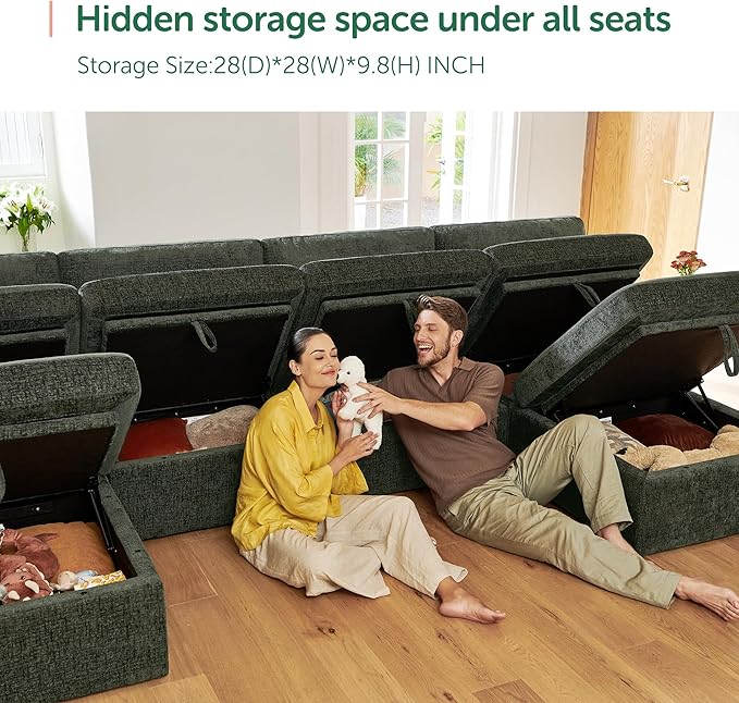 HONBAY Modular Sectional Sofa with Storage Seats, U Shaped Sectional Couch with Storage, Chenille Sectional Couches for Living Room, Green