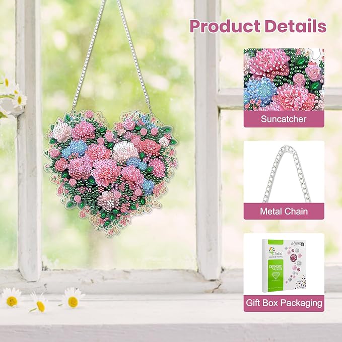 EOBROMD Diamond Hanging Art Kits for Adults, Heart Flower DIY Special Shaped Rhinestone Kits for Adults, Diamond Art Painting Suncatcher, Window Pendants Home Garden Wall Hanging Ornament