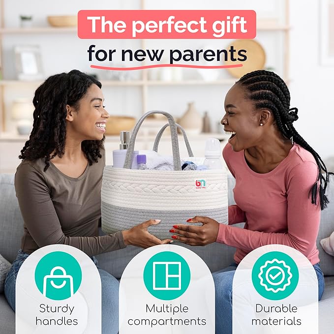 Rope Diaper Caddy - Storage for Baby and Toddler Items - Portable Cotton Organizer Easily Holds Diapers, Wipes, Clothing - Useful for Nursery, Bedroom (Gray, Regular)