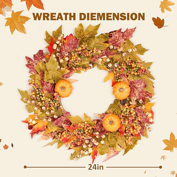 GENMOUS 24 Inch Fall Wreaths for Front Door, Autumn Maple Leaves Wreath for Home Porch Decor, Farmhouse Pumpkin Wreaths for Thanksgiving Halloween Harvest Festival Fall Decoration Outdoor Indoor Home