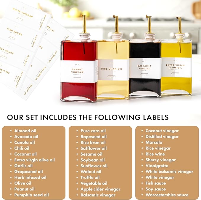 Glass Olive Oil Dispenser Bottle Set [2x12oz]: 36 Premium Gold Labels, Oil Dispenser for kitchen, Vinegar Bottle Set, Glass Dispensers for Soy Sauce, Syrup Bottles | Set of 2