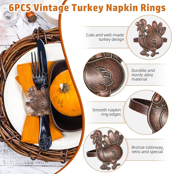 Halatool 6 PCS Thanksgiving Day Bronze Turkey Napkin Ring Funny Metal Festival Napkin Holders for Dinner Table Party Decoration