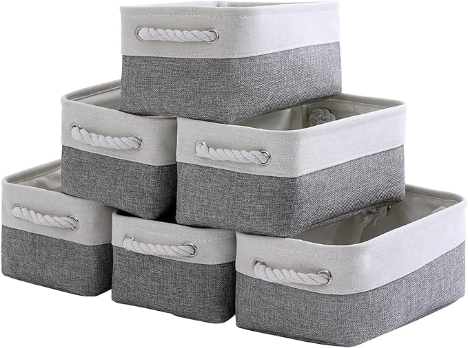 TheWarmHome Small Storage Baskets for Organizing,Storage Baskets for Shelves,Small Fabric Storage Bins W/Handles For Closet Nursery Toy Decorative Foldable (White&Grey, 11.8L*7.9W*5.2H-6 Pack)