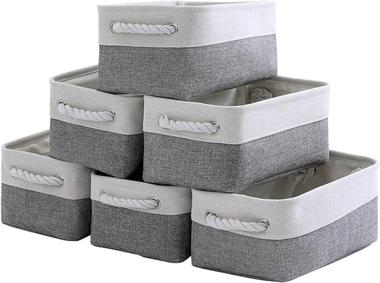 TheWarmHome Small Storage Baskets for Organizing,Storage Baskets for Shelves,Small Fabric Storage Bins W/Handles For Closet Nursery Toy Decorative Foldable (White&Grey, 11.8L*7.9W*5.2H-6 Pack)
