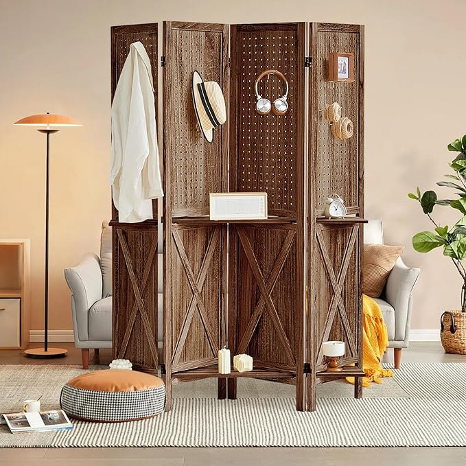 4 Panel Pegboard Display with 16 Hooks, Wooden Pegboard Room Divider Wall with Shelf, Rustic Room Dividers and Folding Privacy Screens, Bedroom, Jewelry Store, Brown