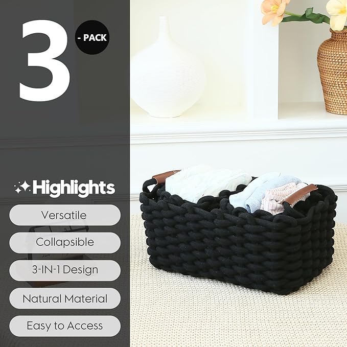 Sea Team 3-Pack Rectangle Woven Cotton Rope Storage Baskets with Handles, Shelf Basket, Closet Organizers, 3-in-1, Black