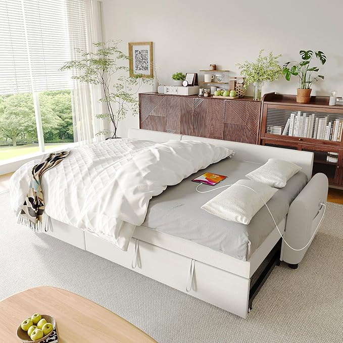 Ucloveria Sleeper Sofa Bed, 86" Convertible Sectional Sofa Couches for Living Room, 4 in 1 Pull Out Couch Bed with Reversible Storage Chaise | USB Ports | Side Pockets | Removable Backrest