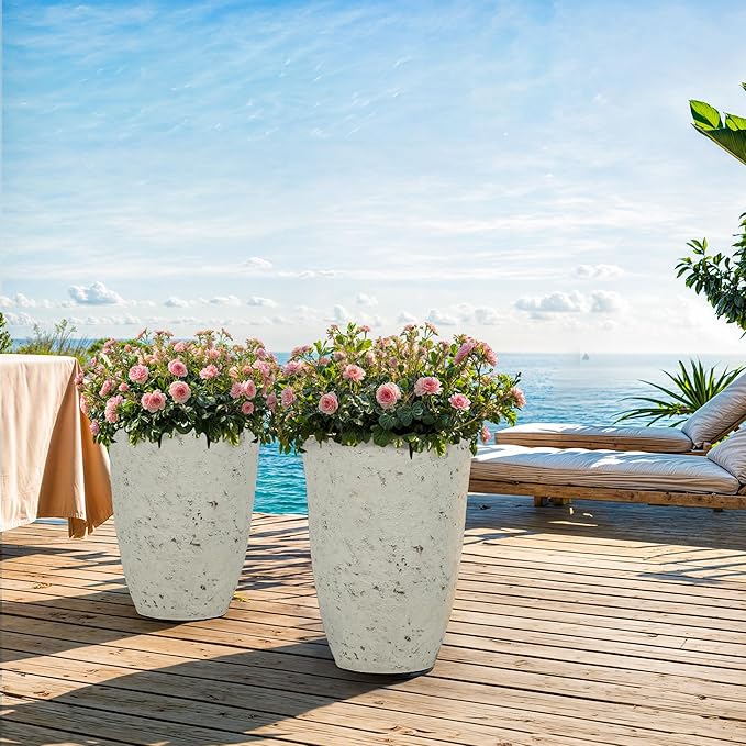 19.5" Resin Tall Planters for Outdoor Plants, Set of 2 Country White Large Flower Pots with Handmade Birch Bark Texture, Heavy-Duty and Weather-Resistant for Year Round Indoor Outdoor use