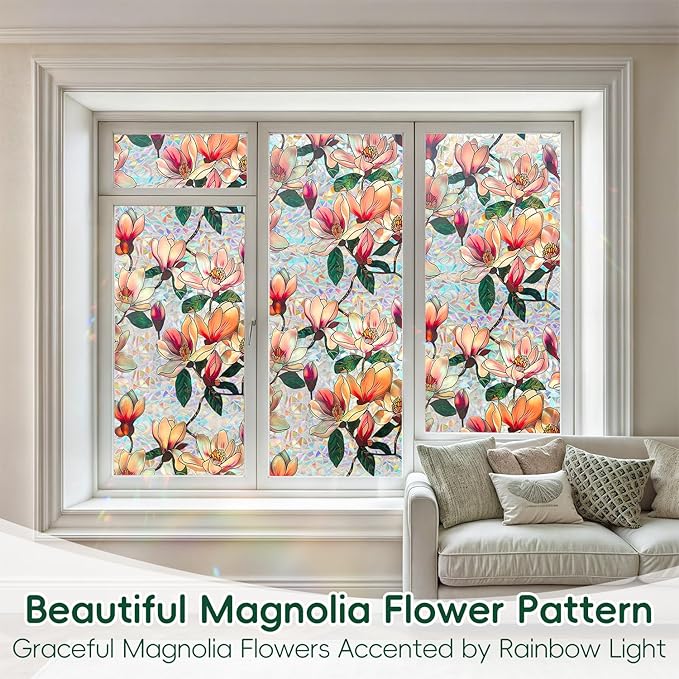 DUOFIRE Window Privacy Film Decorative Stained Glass Window Film Rainbow Magnolia Floral Static Cling Non-Adhesive Reusable Anti UV Colorful Window Decal for Home 16.92×39.37 inch
