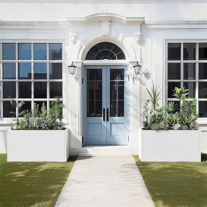 Galvanized Steel Garden Planter - White Matt Galvanized Metal Planter Box - Modern Metallic Heavy Planter - Indoor & Outdoor, Commercial & Residential (White, L36 x W12 x D16)