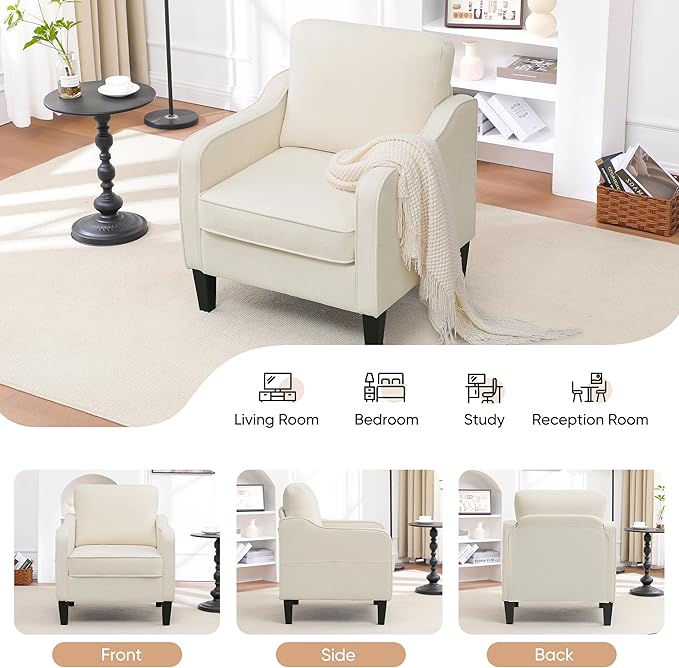 Accent Chair for Living Room, Mid Century Modern Reading Chair for Bedroom, Upholstered Armchair with Side Pockets, Comfy Single Sofa Side Chair for Office, Apartment, Small Room, Beige