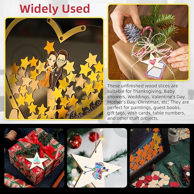 Hilitchi 300Pcs 5Sizes Unfinished Wooden Stars Wood Stars Craft Unfinished Wooden Stars Ornanents Wooden Stars Shape Blank Wood Ornaments Cutout Blank Wood for DIY Art Crafts Home Decorations