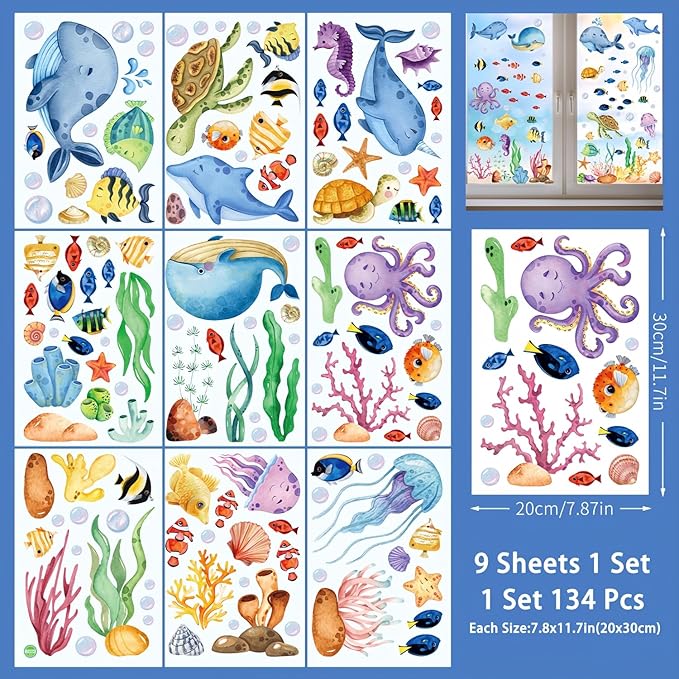 9 Sheets Summer Ocean Animal Window Clings Sea Animal Theme Window Stickers Summer Sea Decals Under The Sea Party Window Decorations