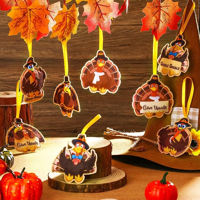 8 Pcs Thanksgiving Tree Ornaments Turkey Felt Thanksgiving Tree Decoration Give Thanks Gobble Hanging Ornaments with Rope for Harvest Theme Party Supplies Fall Door Decor