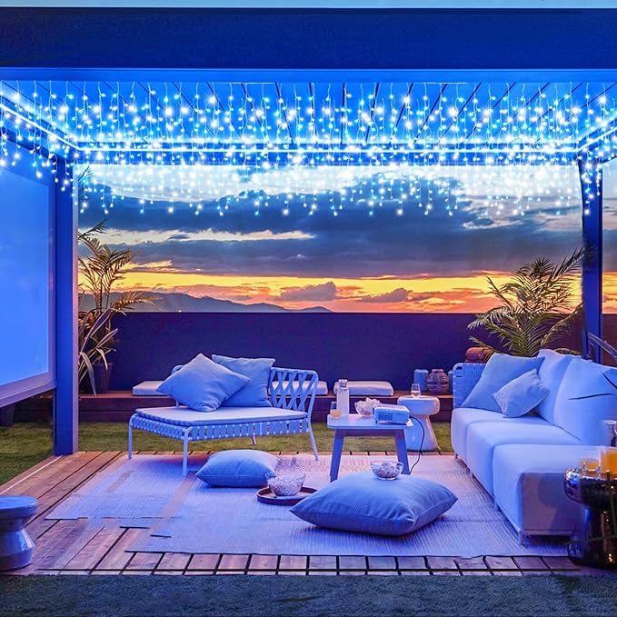 33ft Icicle Lights for Outside, Blue and White Christmas Lights Outdoor Indoor, 400 LED Twinkle String Light with 75 Drops Short Curtain Light for Thanksgiving Room Home Wall Bedroom Window Decoration