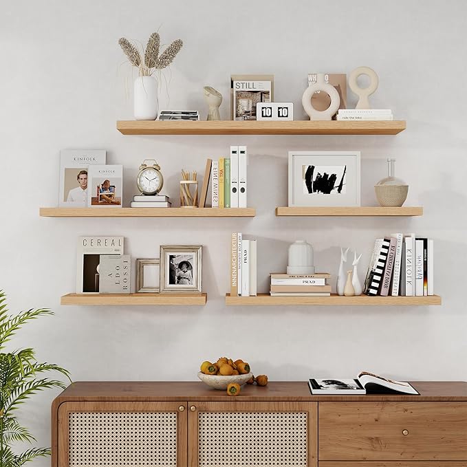 Fun Memories Solid Oak Wood Floating Shelves, 9.3 Inch Deep Natural Wood Shelf with Invisible Heavy Duty Bracket for Bathroom Bedroom Kitchen - 48inch Set of 1, Natural