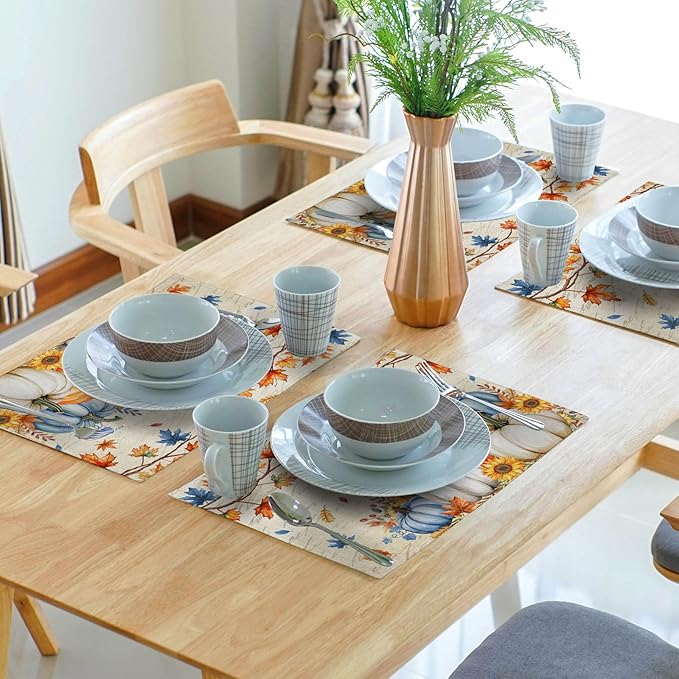 Fall Pumpkin Maple Leaf Placemats Set of 4 Vintage Rustic Autumn Thanksgiving Harvest Place Mats 12x18 Inch Seasonal Washable Table Mats for Party Kitchen Dining Decoration
