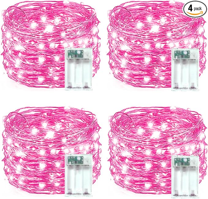4 Pack 20FT 60LED Fairy Lights Battery Operated, Mother's Day String Light with Timer Waterproof, Battery Twinkle Lights for Girl's Bedroom Wedding Anniversary Decorations (Pink)