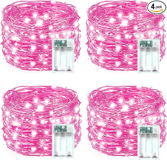 4 Pack 20FT 60LED Fairy Lights Battery Operated, Mother's Day String Light with Timer Waterproof, Battery Twinkle Lights for Girl's Bedroom Wedding Anniversary Decorations (Pink)