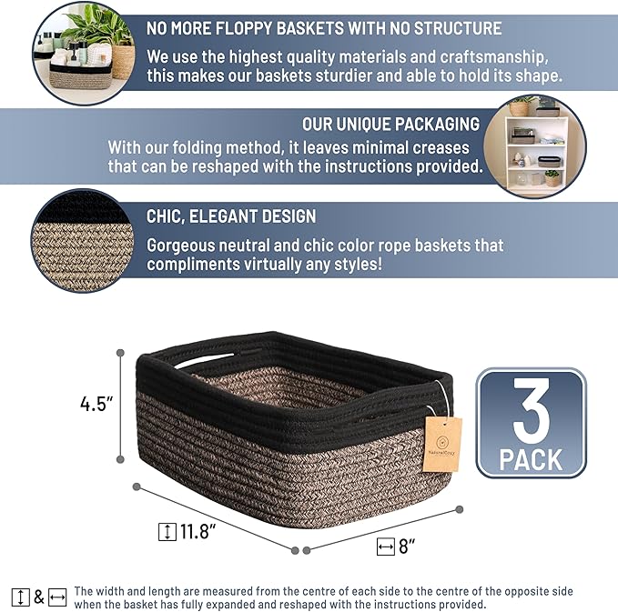 NaturalCozy 11.8"x8"x4.5” Rectangle Storage Baskets for Shelves 3 Pack | Cotton Rope Woven Small Baskets for Organizing | Small Storage Bins for Nursery, Bathroom, Closet, Shelf, Decorative, Gift