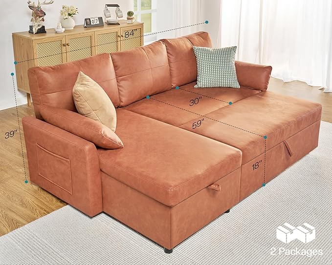 VanAcc Sleeper Sofa, Sofa Bed- 2 in 1 Pull Out Couch Bed with Storage Chaise, Sofa Sleeper Couch for Living Room, Brown Leathaire