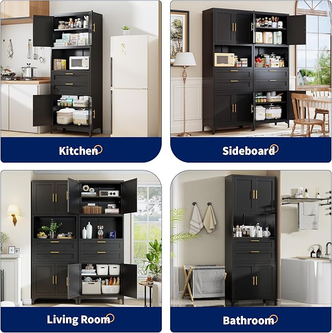75” Tall Kitchen Pantry Storage Cabinet, Metal Storage Cabinet with 2 Drawers and Adjustable Shelves, Kitchen Pantry Cupboard, Freestanding Cupboard for Bathroom, Living Room(Black)