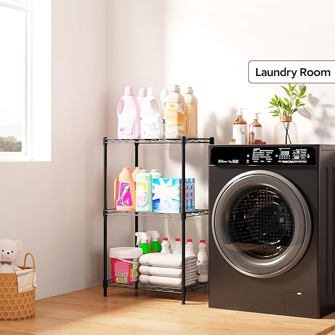 3 Tiers Shelf Metal Storage Shelves Wire Rack Closet Organizers with Wheel for Garage Kitchen Bathroom Laundry Black 11.8" D x 17.7" W x 28.8" H