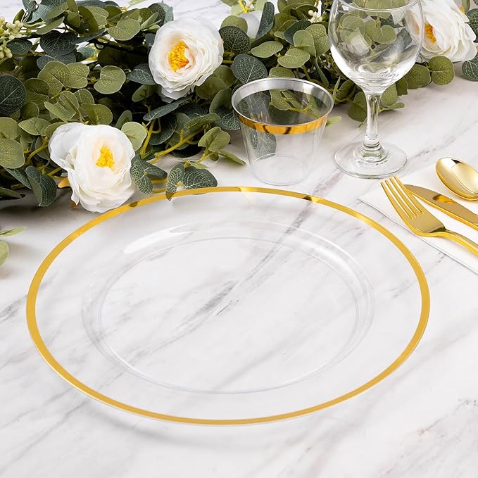 Goodluck 12 Inch Charger Plates, 50 Pack Clear Charger Plates with Gold Trim, Plastic Charger Plate Bulk for Dinner, Wedding, Party, Event Decoration, Clear&Gold