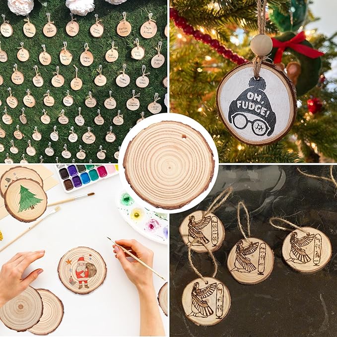 60 PCS 4 inch Unfinished Wood Slices with Hole, Natural Wood Slices, Predrilled with Hole Wood Slice for DIY Arts Craft Christmas Ornaments by GNIEMCKIN