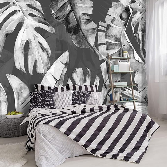 '-Tropical Botanical Grey Banana Leaf Fabric Wallpaper Living Room Bedroom Bathroom Plant Wall Mural- 91"x65"（ not Peel and Stick）