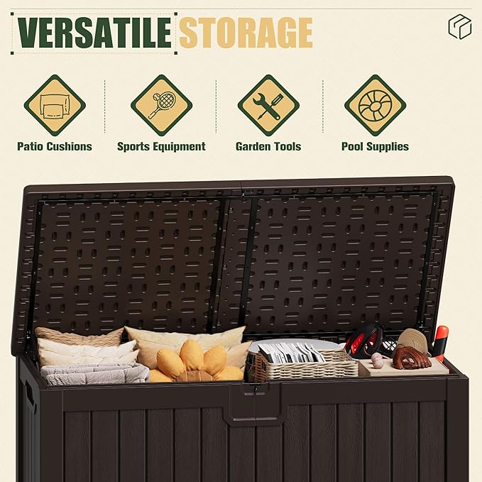 JUMMICO 250 Gallon Outdoor Resin Deck Box with Divider, Waterproof Storage Box with Lockable Lid&Side Handles for Garden Tools, Pools Supplies (Brown)