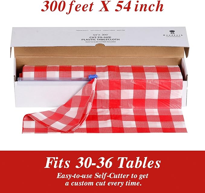 Goodluck 54 Inch X 300 Feet Plastic Table Cloths with Cutter Box, Red Checkered Disposable Table Cover Roll, Plastic Tablecloth for Party, Wedding, Birthday, Anniversary, Thanksgiving, Christmas