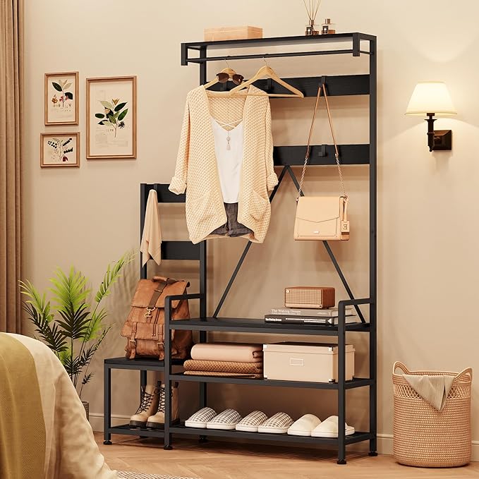 IDEALHOUSE Parent-Child Coat Rack Shoe Bench Hall Tree with Bench and Shoe Storage Industrial Coat Tree Entryway Large Organizer with Shoe Rack, Storage Cubbies, Hooks, and Top Shelf