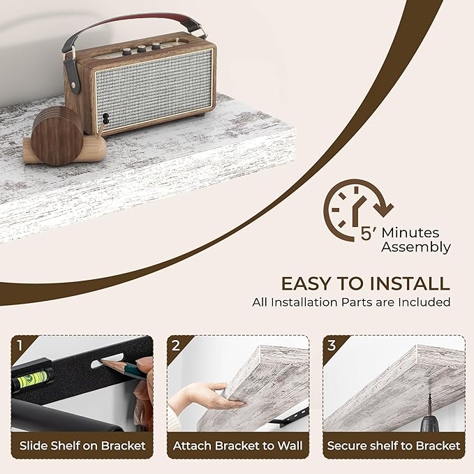 RICHFOCUS 72Inch Floating Shelves for Wall 2 Pack Shelves for Bedroom|Kitchen|Bathroom Wall Mounted Rustic Distressed Wood Floating Shelf with Invisible Brackets for Books|Storage|Decor, Rustic