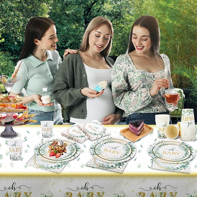 168 PCS Sage Green Baby Shower Decorations Neutral, Baby Shower Plates and Cups and Napkins Sets Serves 24, Oh Baby Plates for Boy, Gender Reveal, Green and Gold Plant Eucalyptus Boho