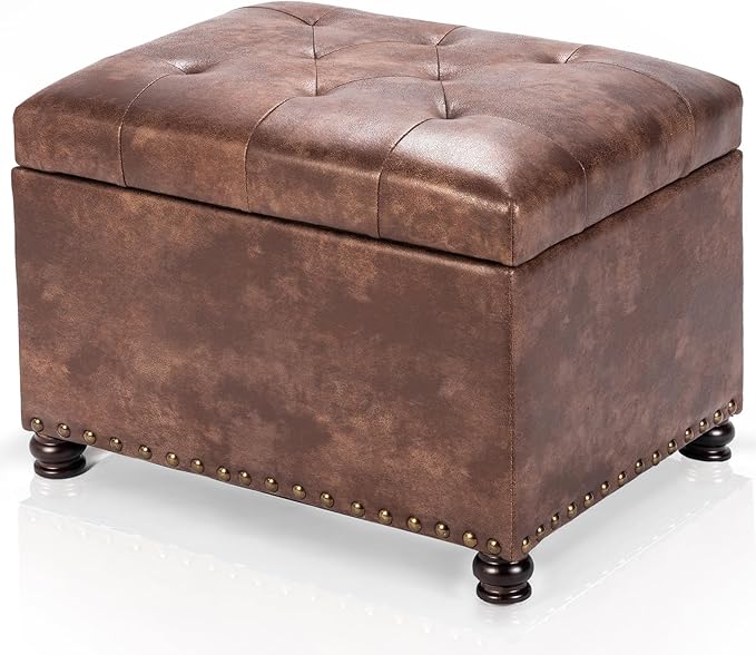 Joveco Leather Storage Ottoman, 24" Rectangle Tufted Square Upholstered Bench, Foot Rest Stool with Wood Legs, Footstool for Living Room Bedroom, Coffee