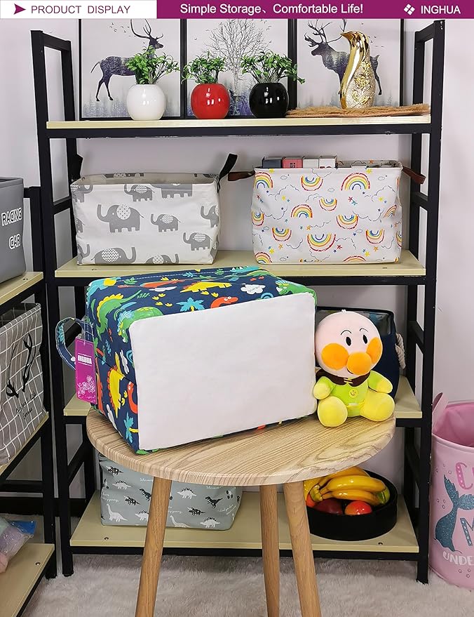 Rectangular Storage Basket Fabric Organizer Bin for Toys,Books,Clothes,Gifts,Pets-Perfect for Home,Office,Nursery,Dorm,Shelf(Rec Forest Dinosaurs)