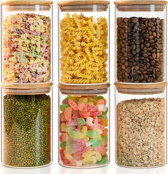 Glass Food Storage Jars 6-Pack 37oz - 4x6 in-Clear Glass Food Canisters with Bamboo Lid Airtight For Serving Tea, Coffee, Flour, Sugar, Candy, Cookie, Spice and More (Circular)