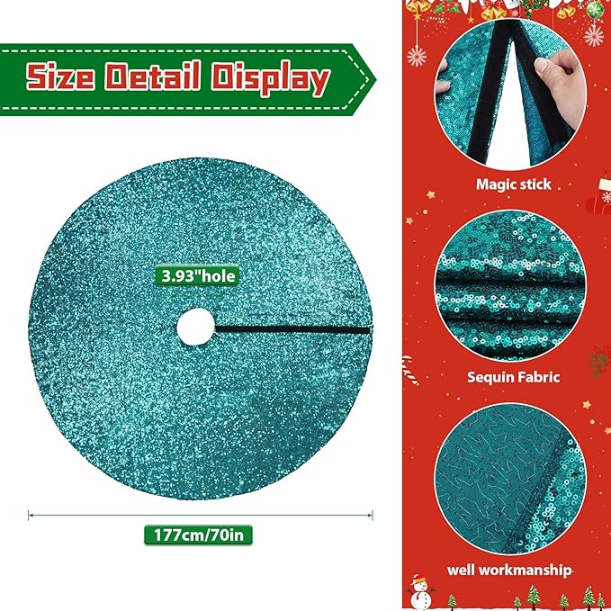Eternal Beauty Christmas Tree Skirt, 70 Inch Teal Sequin Tree Skirt Small Xmas Tree Skirt for Christmas Tree Decorations