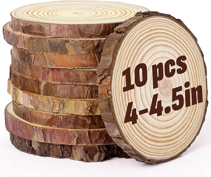 FUMILE Unfinished Natural Wood Slices 4-4.5 Inch, 10 PCS Round Wooden Discs with Tree Bark, Wood Rounds for Crafts Christmas Ornaments, Wood Circles for Rustic Wedding Decoration