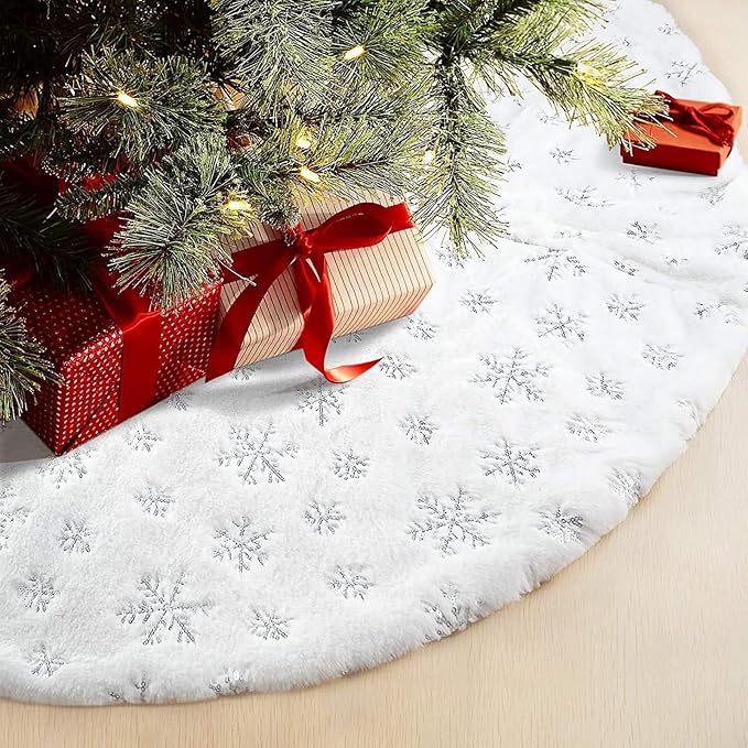30inch White Christmas Tree Skirt Tree Carpet Blanket, Soft 2.5ft Xmas Christmas Tree Blanket with Silver Snowflake White Faux Fur Carpet for Christmas Holidays Decoration Party