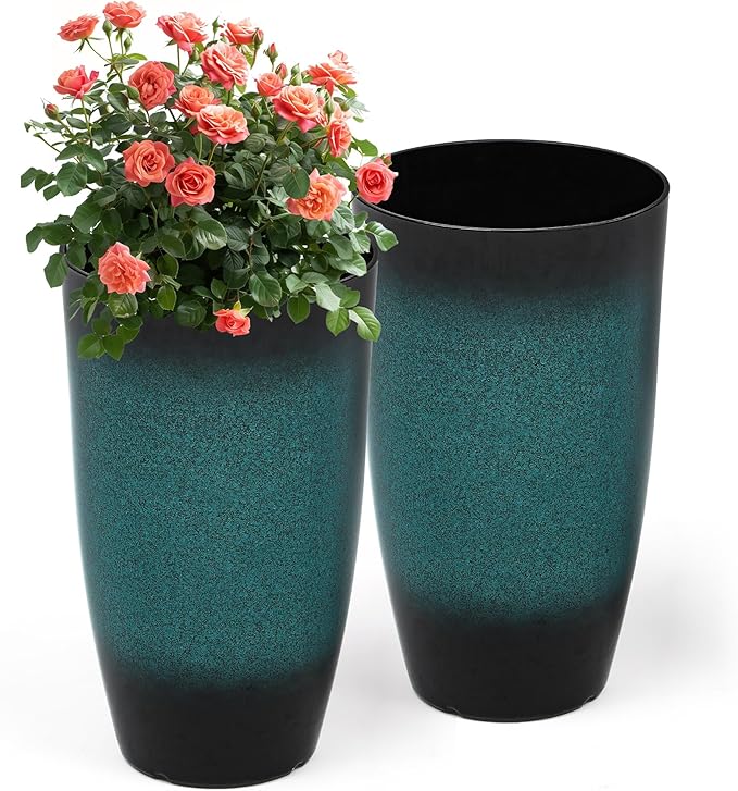 Tall Outdoor Planters, Set of 2 Large Flower Pots for Outdoor Plants, with Gradient Turquoise Finish, Weather-Resistant for Porch, Garden, Patio
