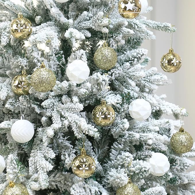2.36In Velvet Christmas Ball Ornaments, 25PCS Gold/White Flocked Christmas Tree Hanging Decorations, for Home Holiday Wedding Indoor Xmas Party Decor.