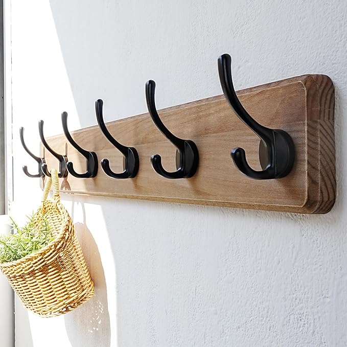 Dseap Wall Mounted Coat Rack: 24" Long, Patented, Heavy-Duty, 6-Double-Hooks Wooden Hanger Rail for Winter Coats, Hat, Jacket, Clothing - Weathered Brown, Pack of 2
