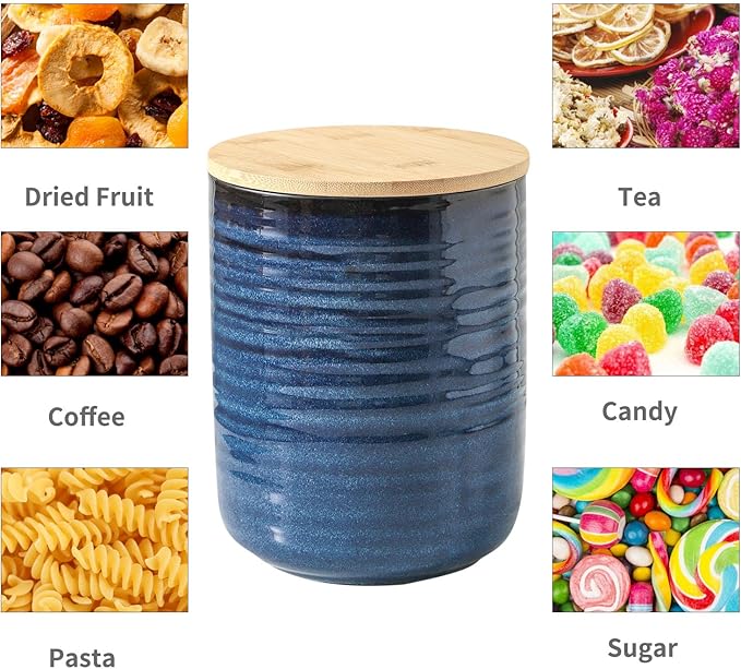 Hasense Ceramic Canister with Airtight Lid for Kitchen Counter, 80 Ounce Large Ceramic Food Storage Jar with Seal Ring for Serving Flour, Grain, Cereal, Pasta, Coffee, Sugar, Tea and Spice, Blue