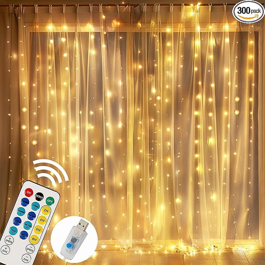 FUNPENY Window Curtain String Lights, 300 LED 8 Lighting Modes Fairy Lights USB Powered, Waterproof Lights for Christmas Bedroom Party Wedding Home Garden Wall Decorations, Warm White