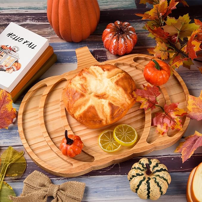 AWIZOM Pumpkin Wooden Serving Platter Thanksgiving Serving Tray Wood Snack Cheese Charcuterie Board Sectional Wooden Pumpkin Dish Plate for Fall Autumn Harvest Halloween Supplies,14.96x11.81x0.79
